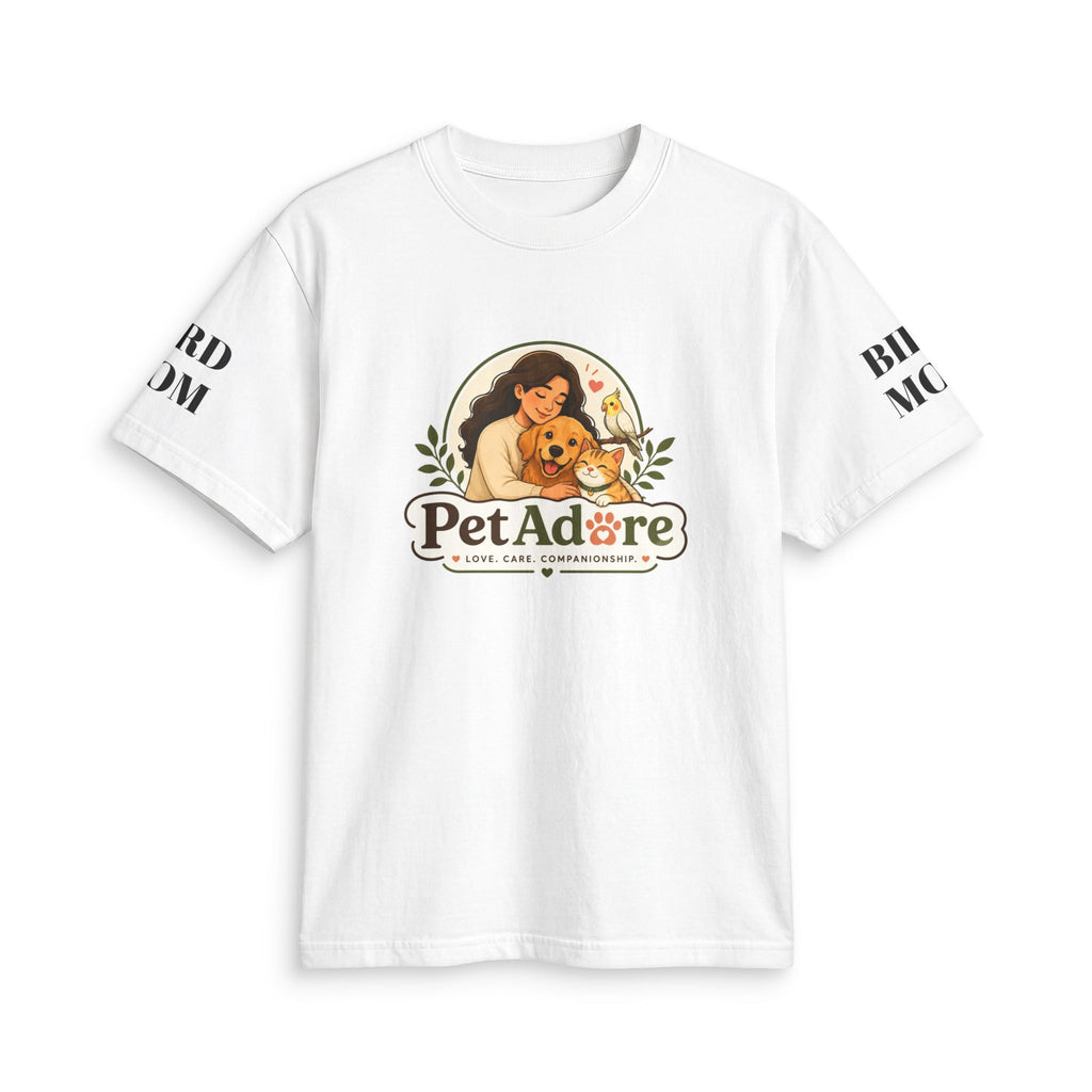 White t-shirt with 'Pet Adore' graphic design featuring a woman, a dog, cat and bird on a white background.