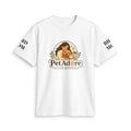 White t-shirt with 'Pet Adore' graphic design featuring a woman, a dog, cat and bird on a white background.