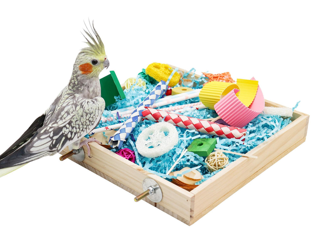 Jinkoozz Bird Foraging Toys Box Wooden Parrot Shredding Toys Box Bird Chewing Toys Birdcage Accessories Suitable for Small Birds Parakeets Cockatiels Love Birds Conures