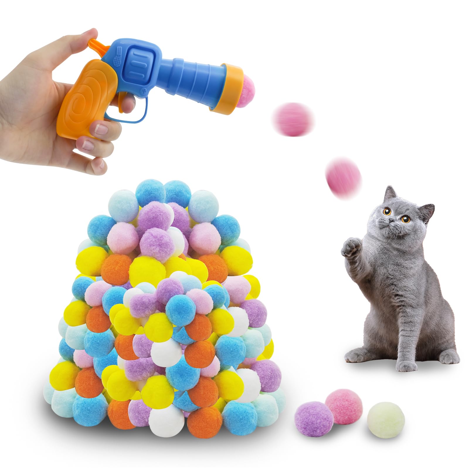 Interactive Cat Ball Launcher Set with Plush Pom Pom Balls for Indoor Cats