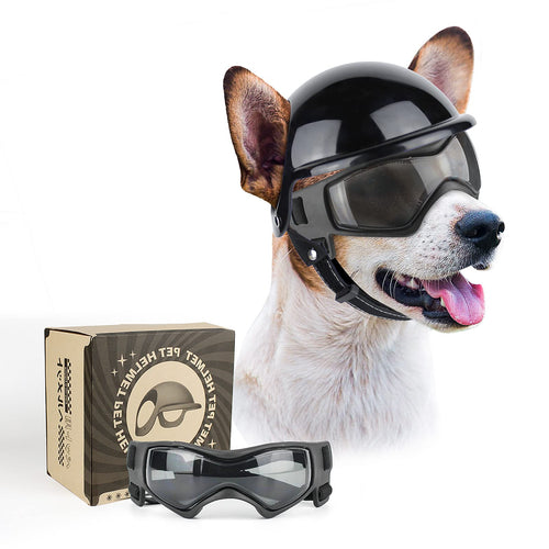 A happy dog with a shiny black helmet and UV protection goggles is smiling, showcasing its playful nature. The image also includes a stylish box with a sunburst design, emphasizing the products protective features for outdoor adventures.